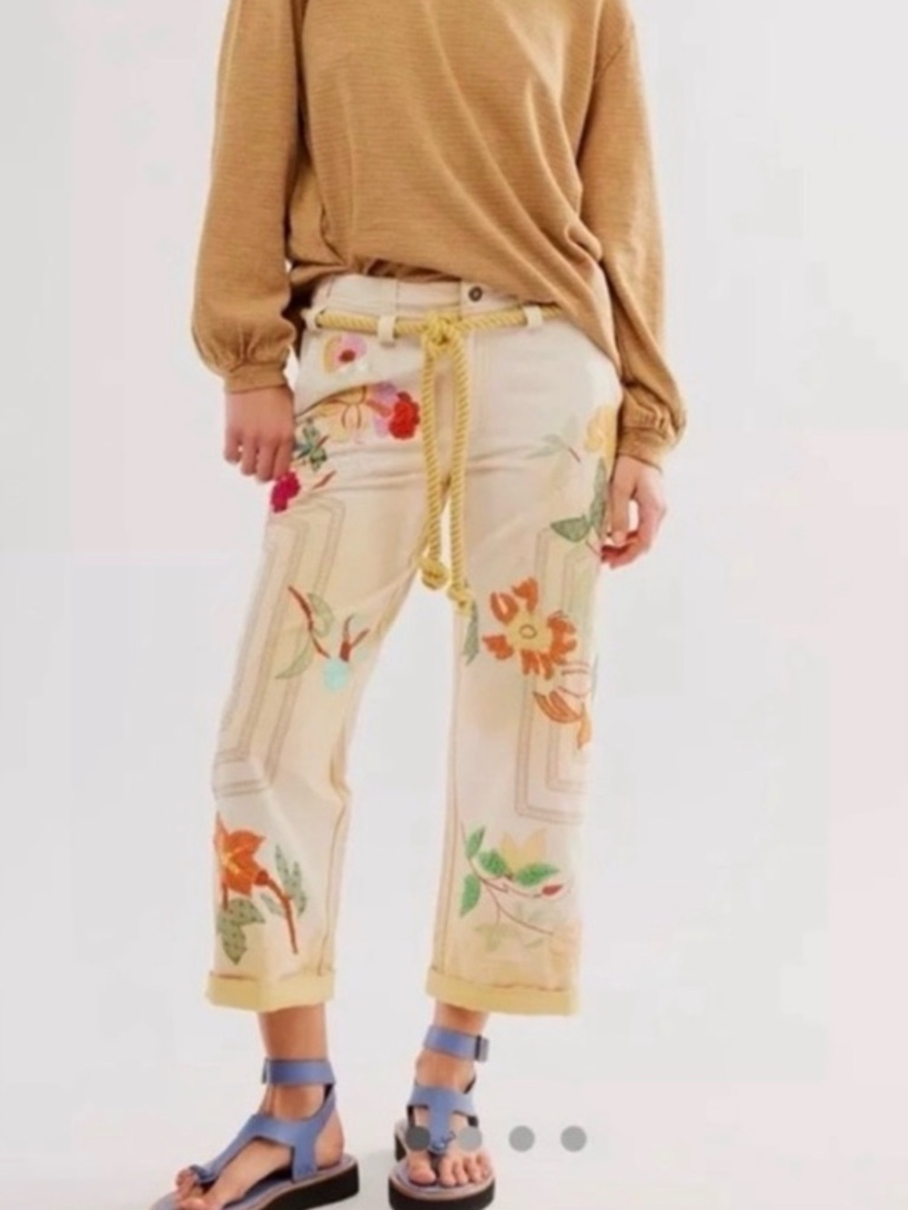NWT Free People Electric Sands Floral Embroidered Cream Cropped Pants 6